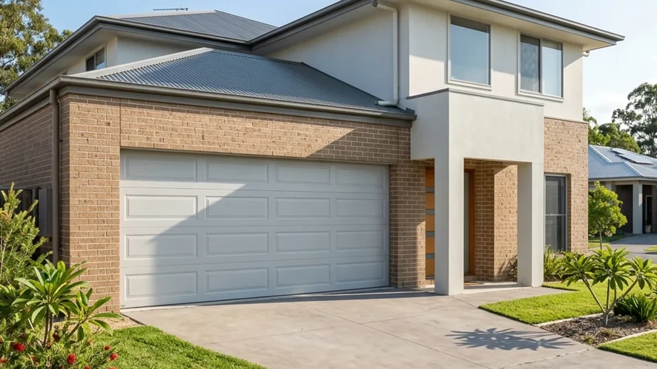 Garage door repairs in Brisbane - technician at a sectional garage door on a Brisbane brick home